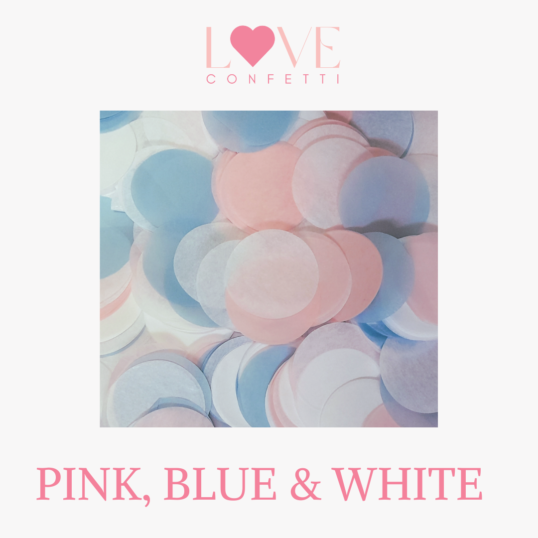 Biodegradable wedding confetti blue, pink and white large tissue paper confetti circles