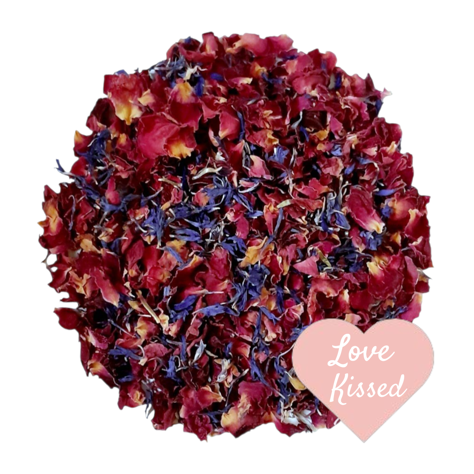 Love Kissed Flower Petal Confetti. Red rose petals and blue cornflower petals.
