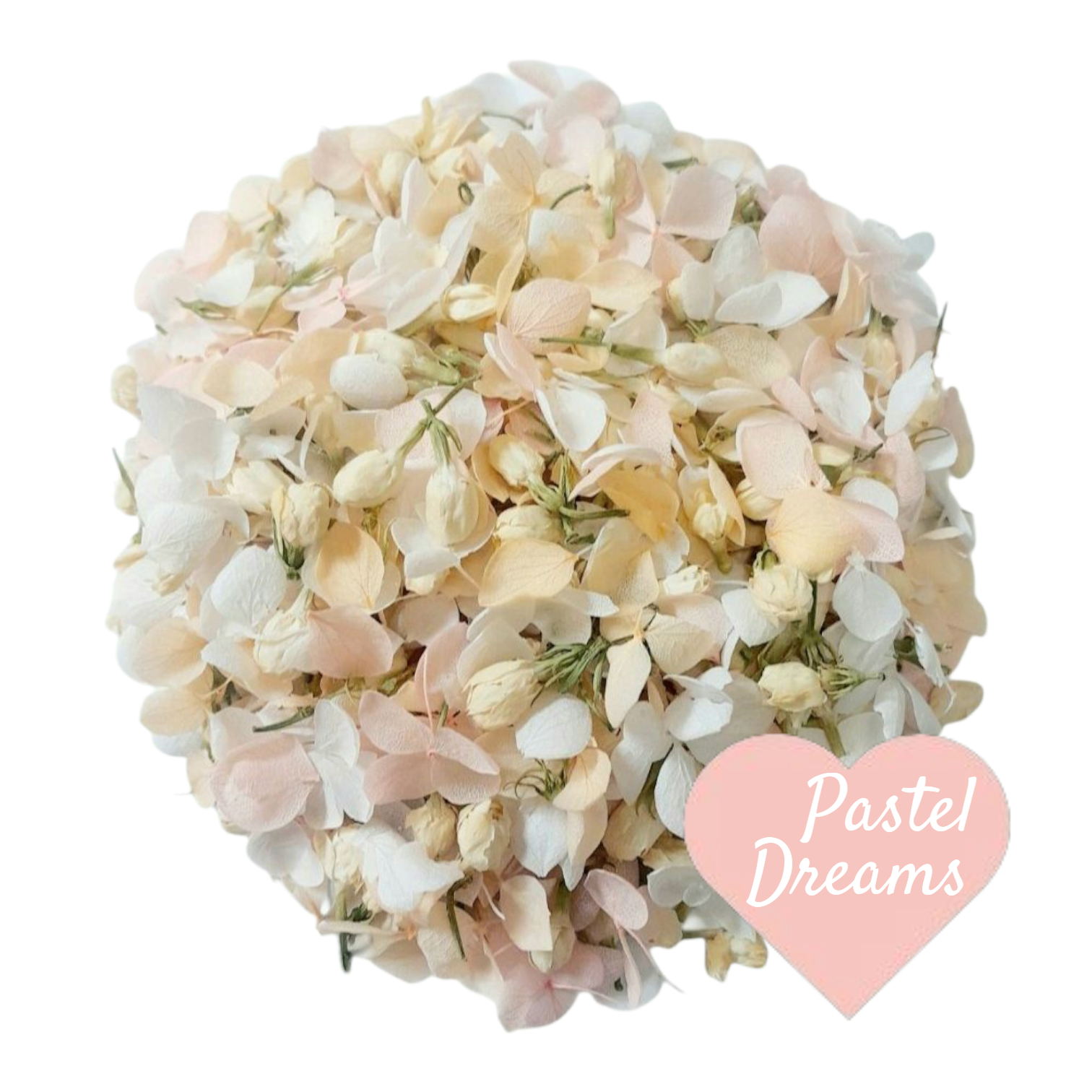 Pastel Dreams Flower Petal Confetti
White, Pink and Peach Hydrangea Petals, Jasmine Buds.
