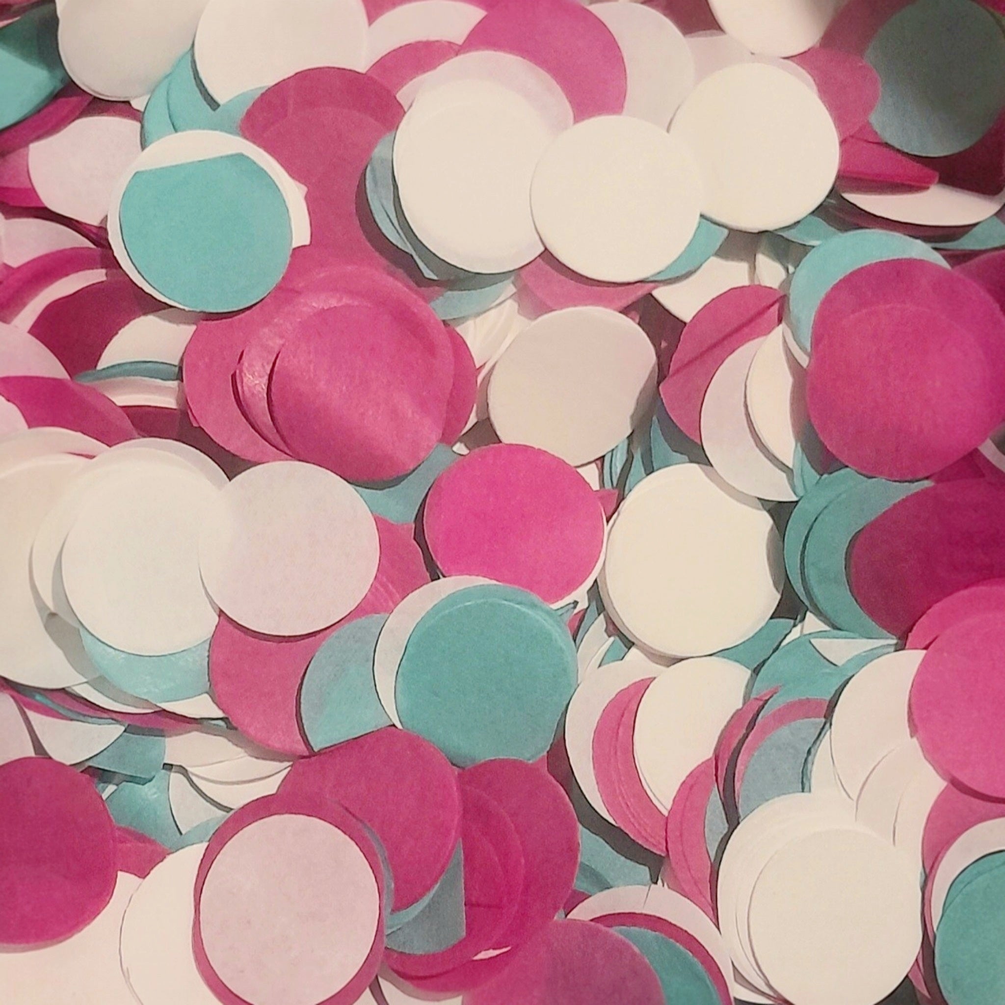 A mix of Dark Fuchsia Pink, Teal Green & White Coloured Tissue Paper Confetti Circles.