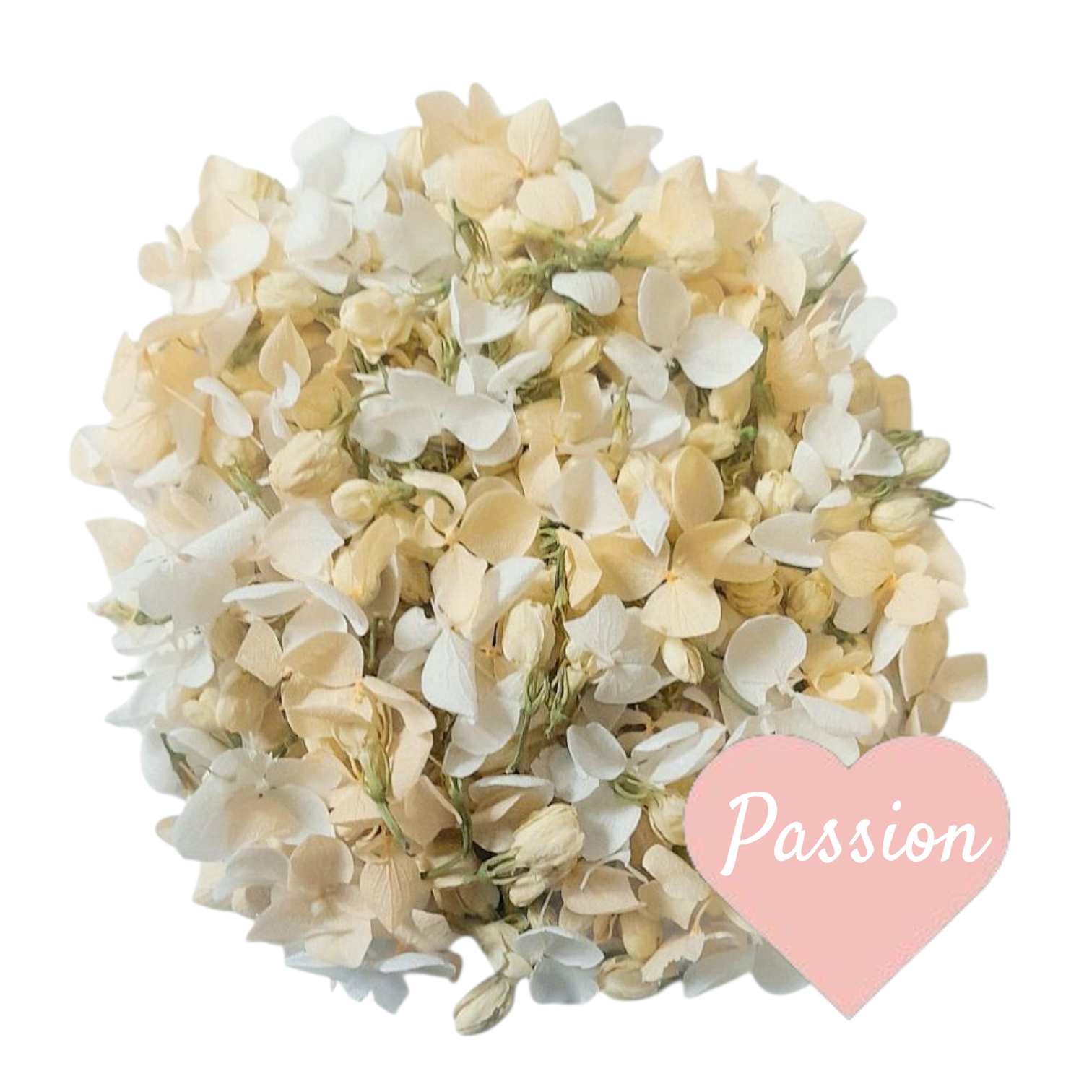 Passion Flower Petal Confetti
White and Peach Hydrangea Petals, Jasmine Buds.