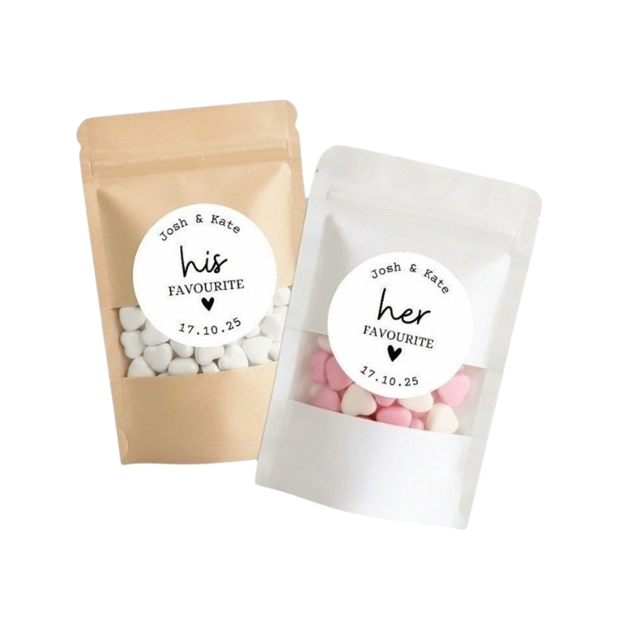 Wedding Favour Lolly Bags with Personalised name & wedding date his & her Favourite Stickers