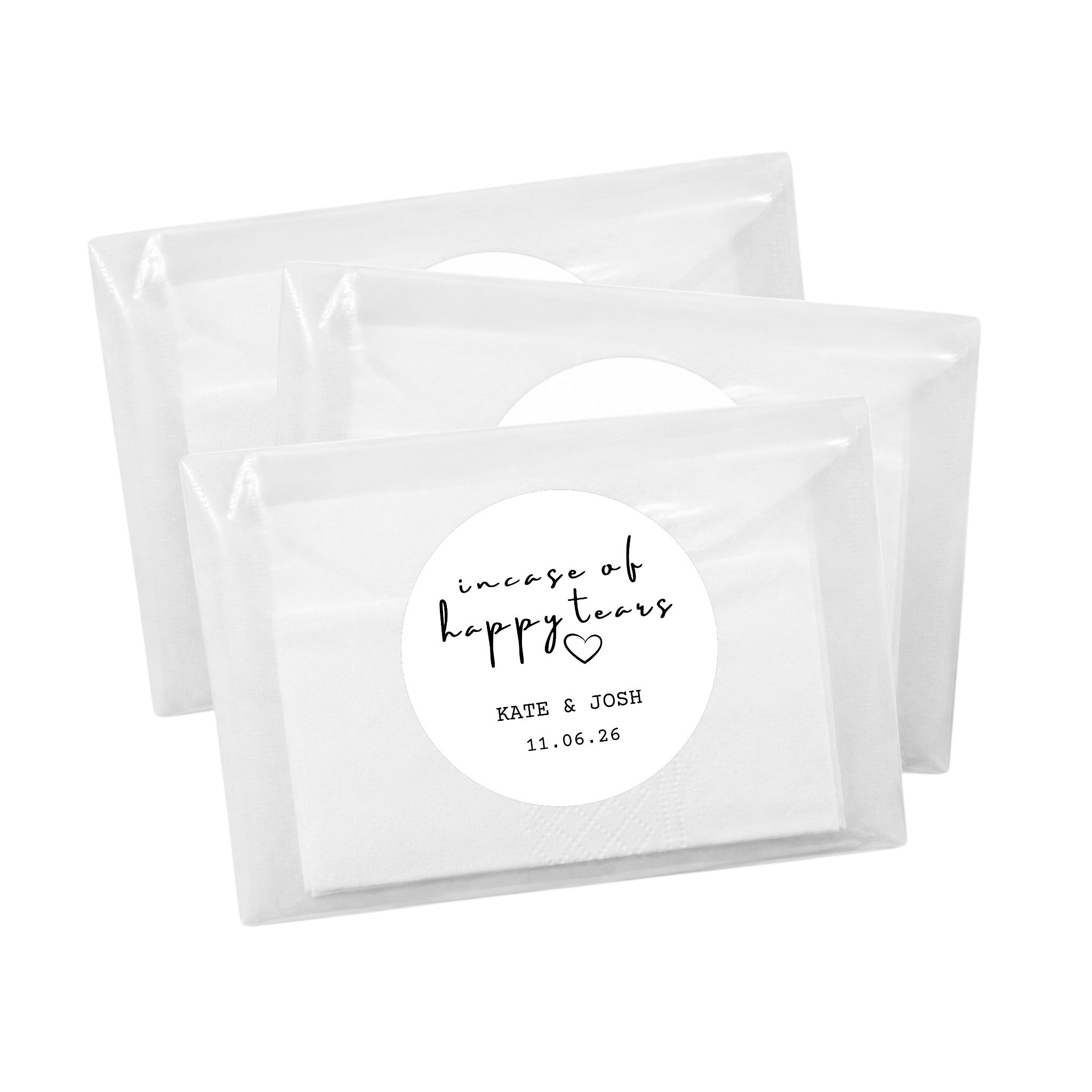 Personalised Wedding Favour Tissue Packets . Personalised Incase Of Happy Tears stickers