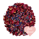 Love Kissed Flower Petal Confetti. Red rose petals and blue cornflower petals.