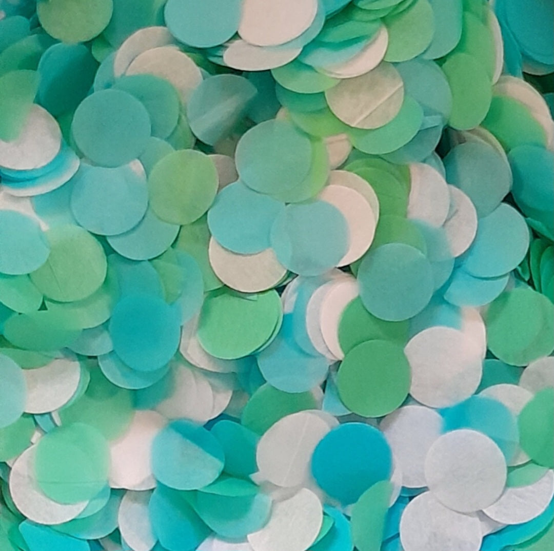 A mix of Seafoam Green, Blue and White Coloured Tissue Paper Confetti Circles.